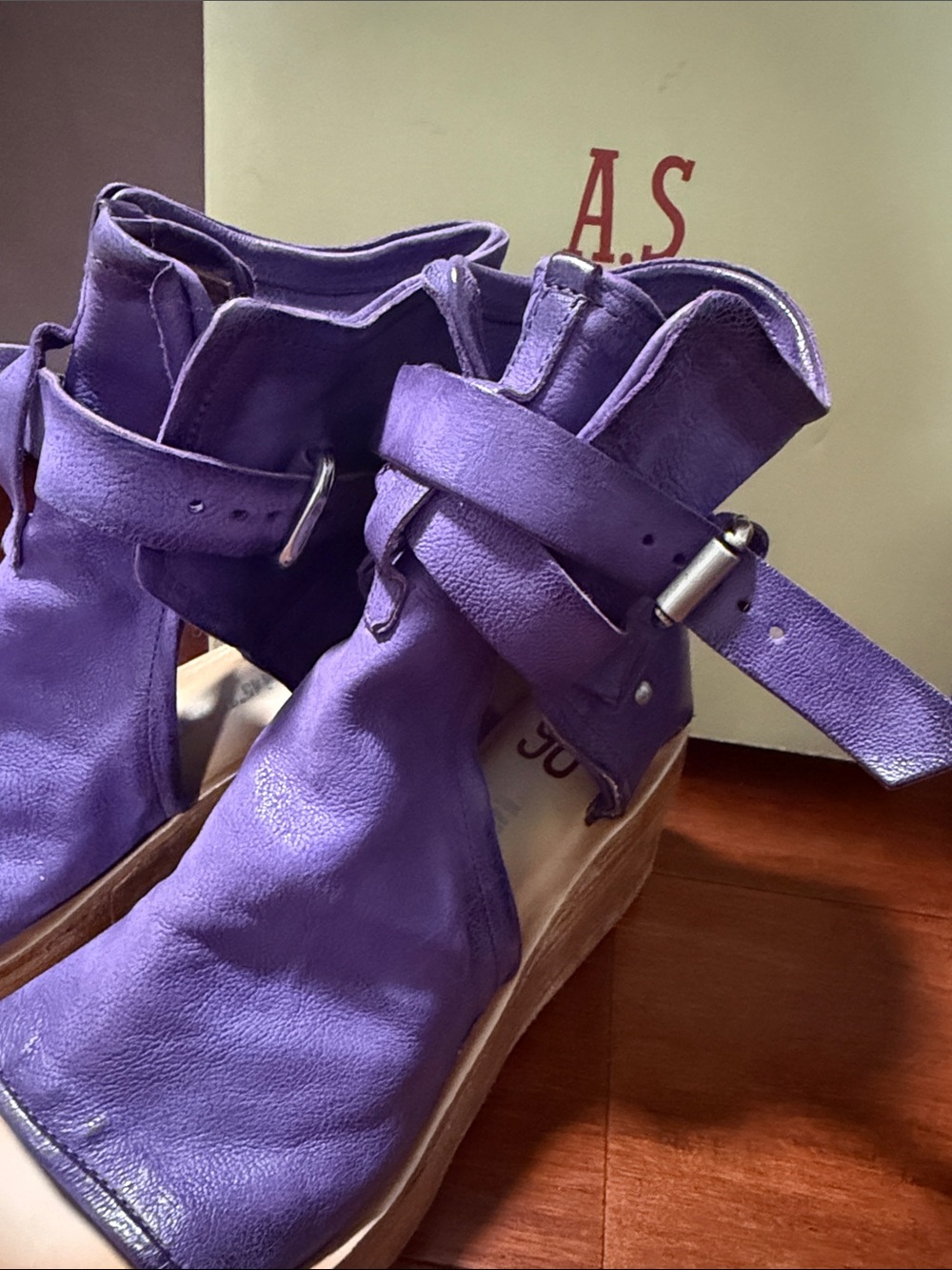 A.S.98 Purple Leather Ankle Booties with Buckle Straps